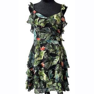 Sanctuary Womens Green Floral Tropical Print‎ Sleeveless Chiffon Ruffle Dress XS